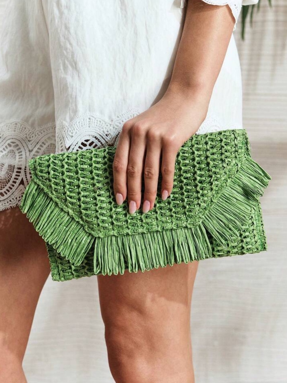 “Summer Vibes” Green Woven Fringe Clutch